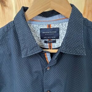 Denim & Flower Ricky Singh Long Sleeve Slim Fit Navy Polka Dot Shirt Size Large